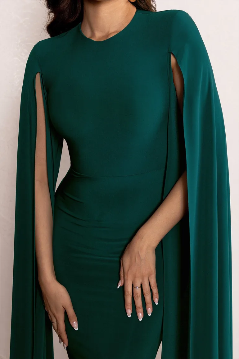 Kimmy | Bottle Green High Neck Maxi Dress with Floor Length Sleeves - 3