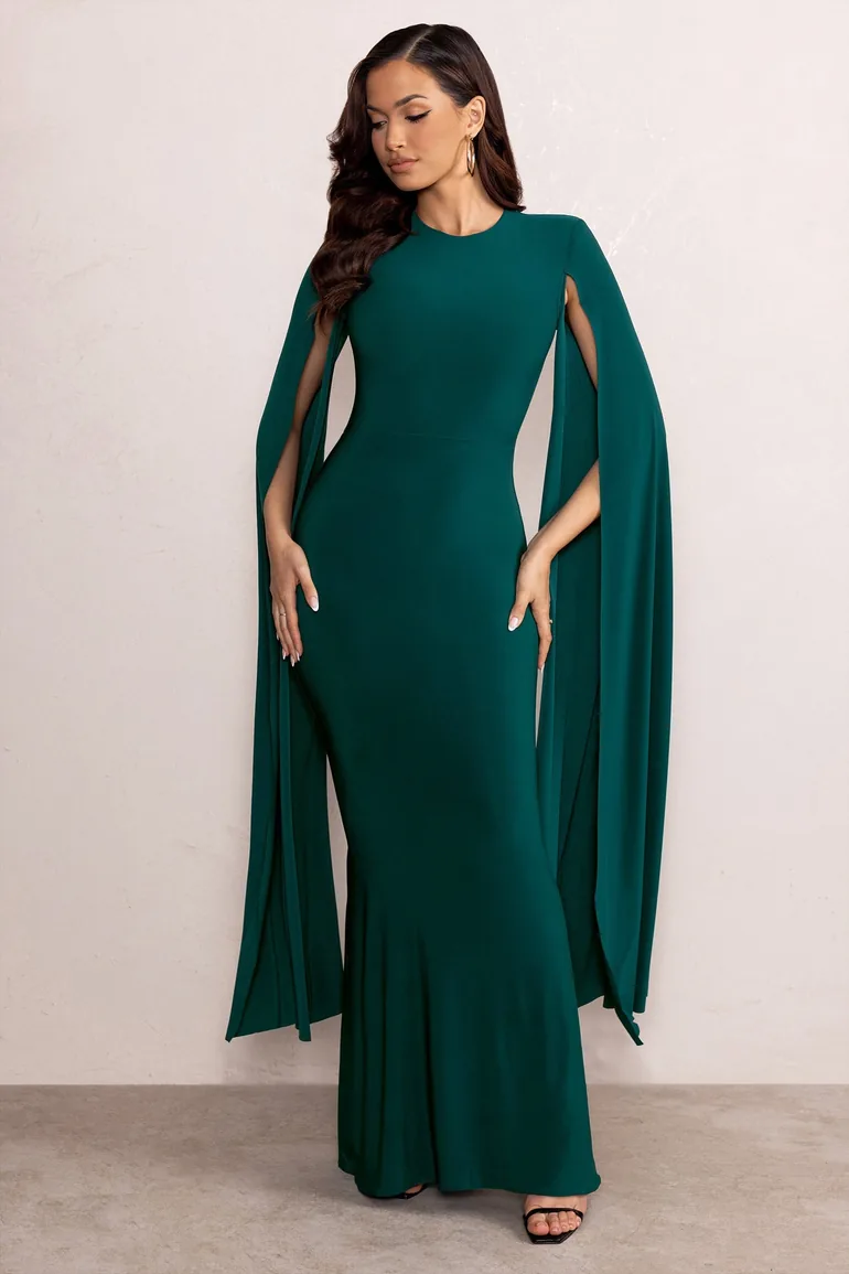 Kimmy | Bottle Green High Neck Maxi Dress with Floor Length Sleeves - 4
