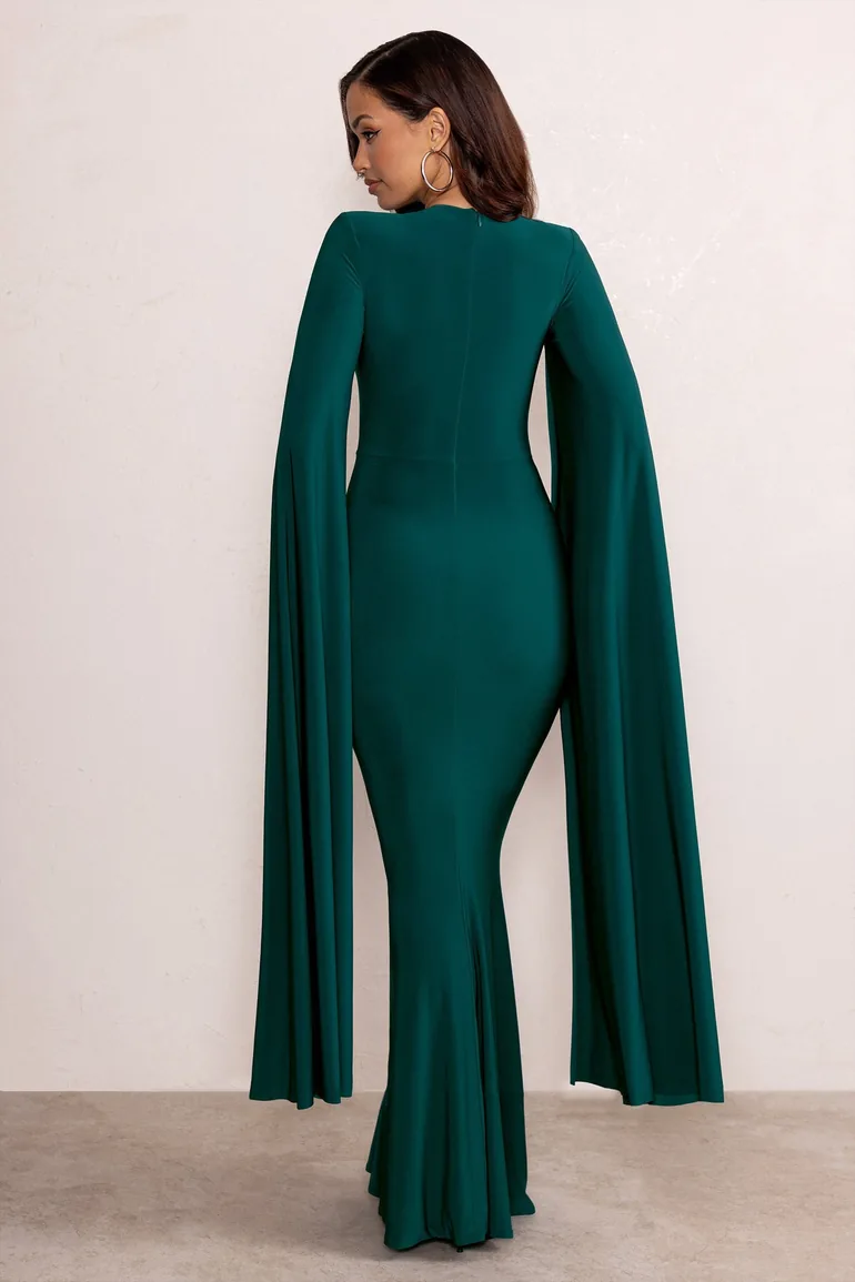 Kimmy | Bottle Green High Neck Maxi Dress with Floor Length Sleeves - 2