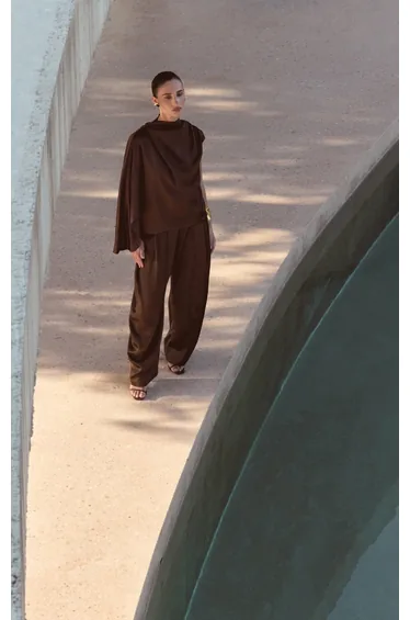 Dark Chocolate Satin Panel Detail Trousers