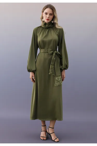 Refined Twist Knot Collar Maxi Dress with Tassel Sash in Army Green