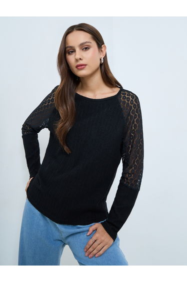 Black Lace Sleeve Ribbed Top