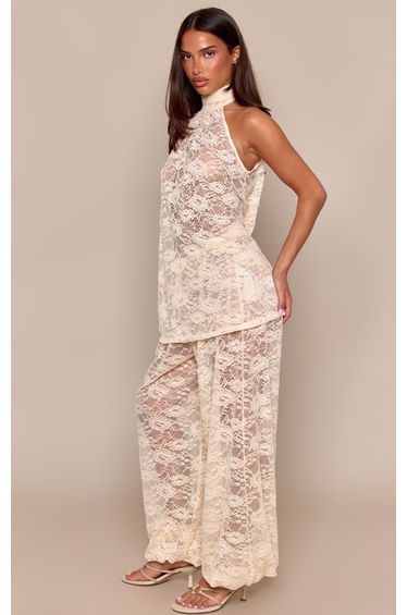 Cream Sheer Lace High Neck Sleeveless Top Co-ord