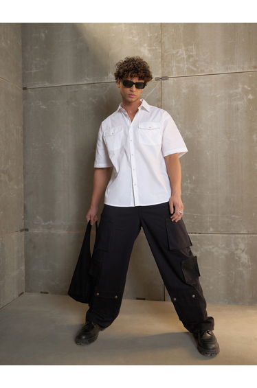 Black Twill Utility Pockets Wide Leg Cargo Pants