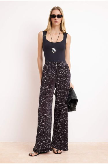 Black Polka Dot Wide Leg Elastic Pleated Knitted Trousers