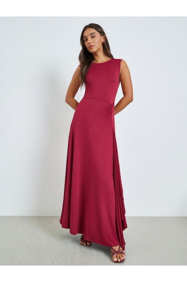 Burgundy Sleeveless Maxi Dress with Frill Panel