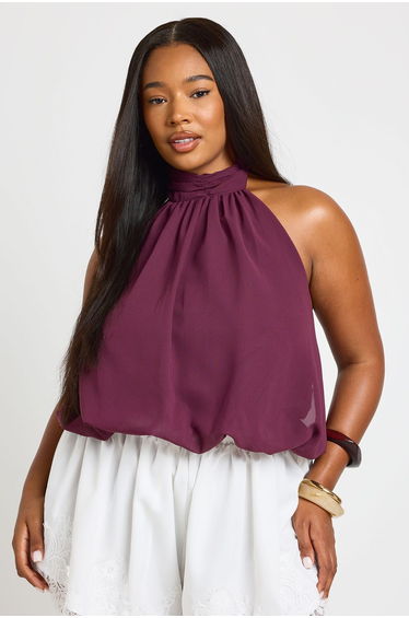 Plus Chffon Halterneck Blouson Top - burgundy