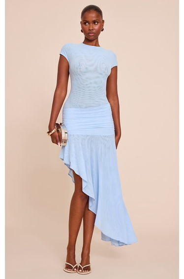 Baby Blue Double Mesh Ruched Waist Dress