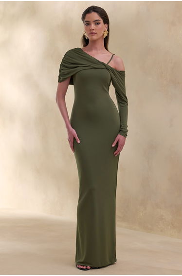 Silvaria | Olive Twisted Asymmetric-Neck Maxi Dress