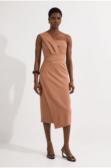 Petite Tailored One Shoulder Tuck Detail Pencil Midi Dress