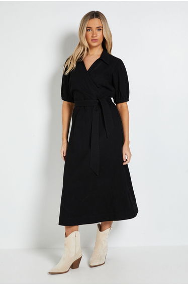 Volume Sleeve Wrap Midi Denim Dress