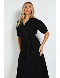 Volume Sleeve Wrap Midi Denim Dress - 1