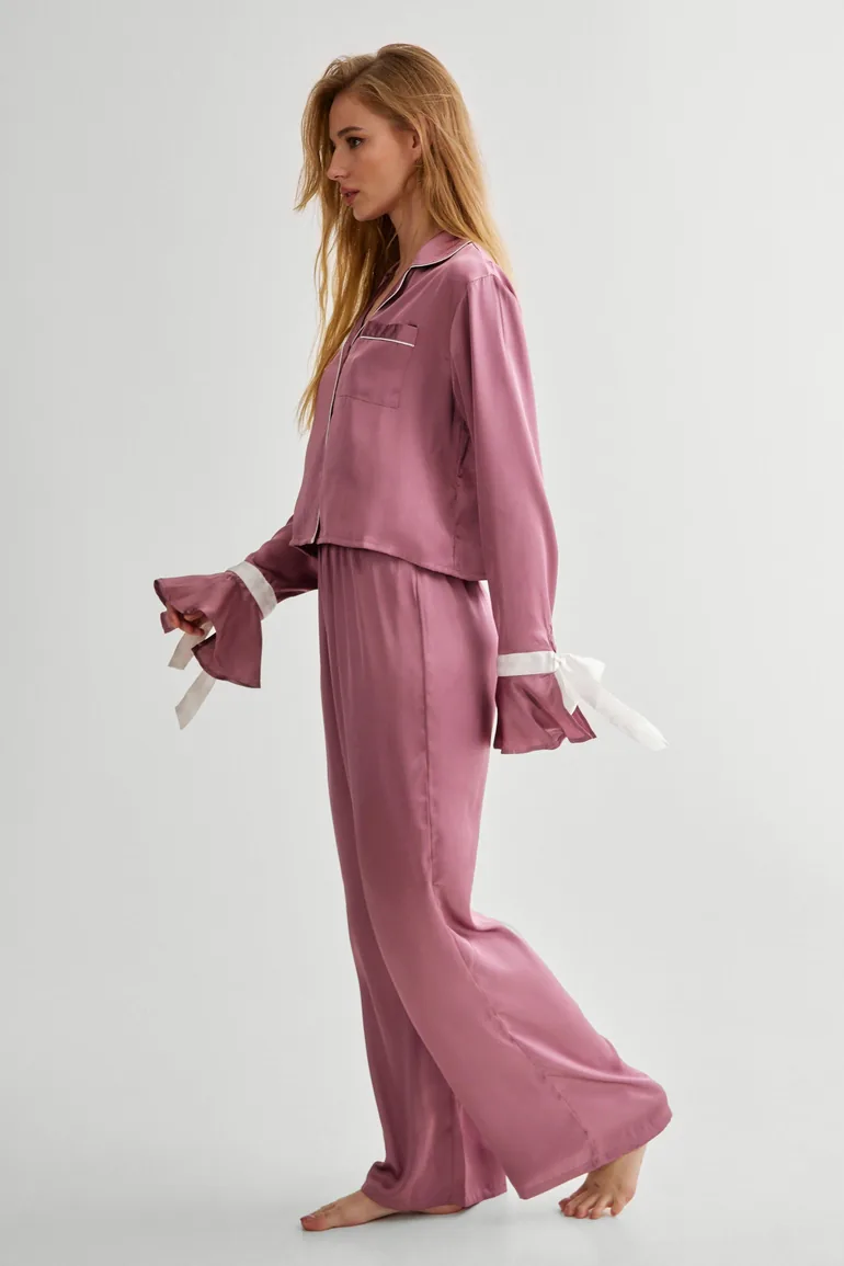 Satin Contrast Velvet Tie Cuff Pajama Shirt And Trouser Set - 2