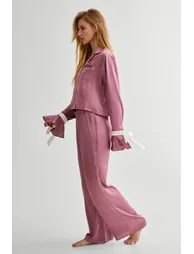 Satin Contrast Velvet Tie Cuff Pajama Shirt And Trouser Set - 2