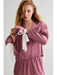 Satin Contrast Velvet Tie Cuff Pajama Shirt And Trouser Set - 1
