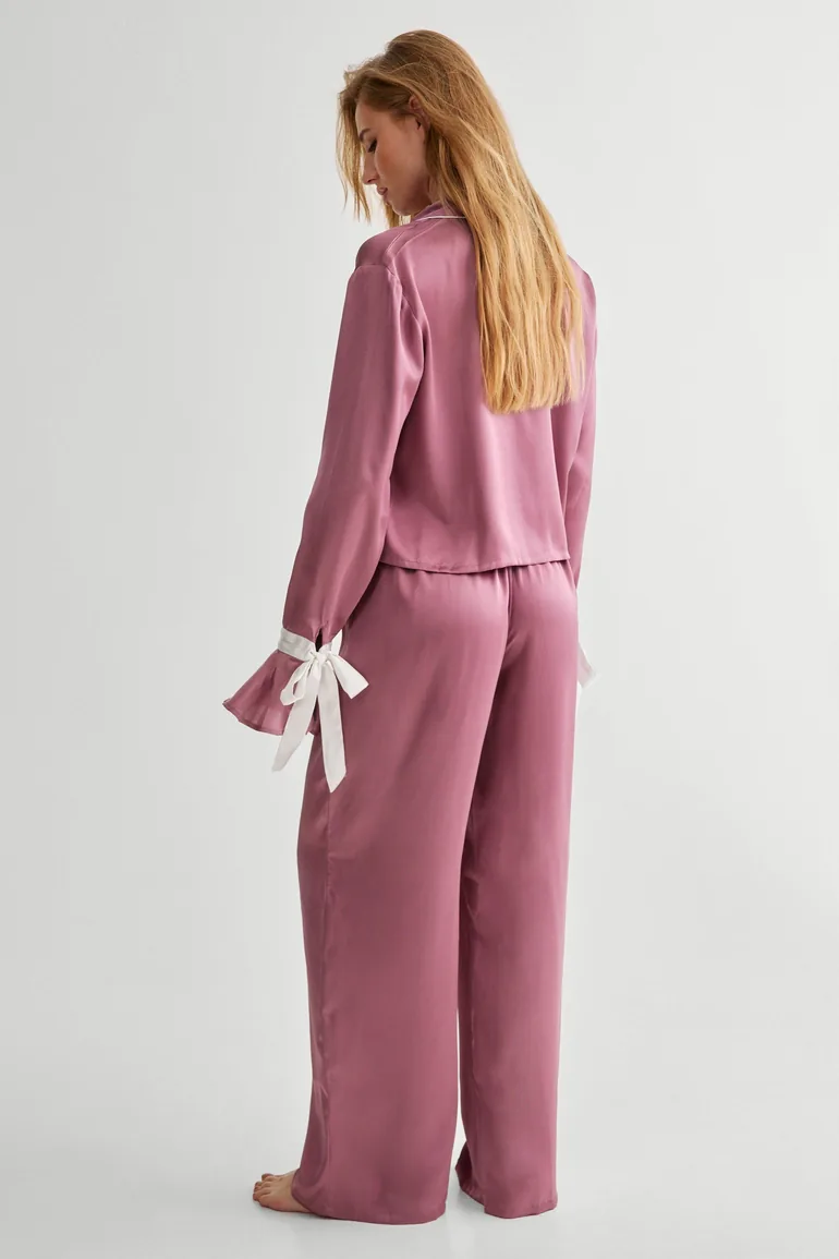 Satin Contrast Velvet Tie Cuff Pajama Shirt And Trouser Set - 3