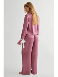 Satin Contrast Velvet Tie Cuff Pajama Shirt And Trouser Set - 3