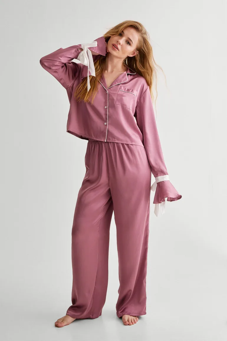 Satin Contrast Velvet Tie Cuff Pajama Shirt And Trouser Set