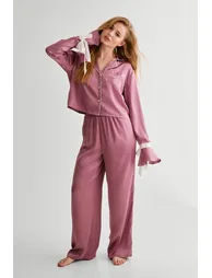 Satin Contrast Velvet Tie Cuff Pajama Shirt And Trouser Set