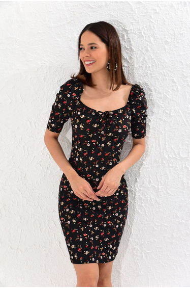 Black Floral Bodycon Mini Dress