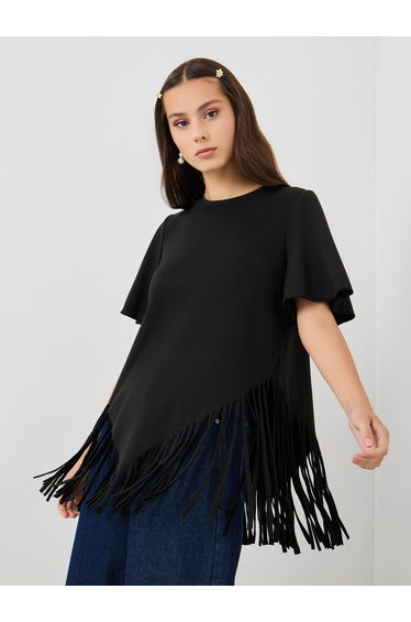 Solid Tassel Hem Round Neck Top