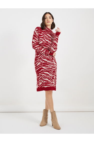Turtle Neck Patterned Sweater Knee Length Dress