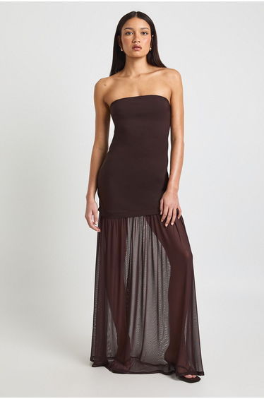 Bandeau Sheer Hem Maxi Dress - chocolate