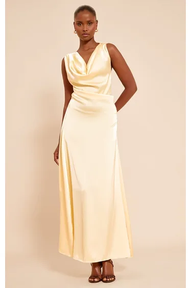 Yellow Satin Extreme Cowl Maxi Dress