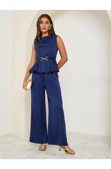 Women Belted Peplum Top and Wide Leg Trousers Co-Ords