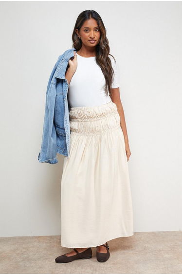 Shirred Waist Midi Skirt