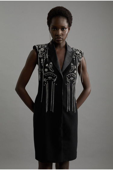 Embellished Detail Plunge Collar Woven Mini Dress