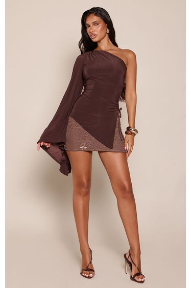 Chocolate Slinky Cinched One Sleeve Detail Top