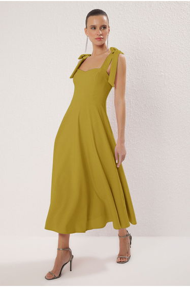 Oil Green A-Line Strap Tie Detailed Woven Midi Chic Evening Prom Dress