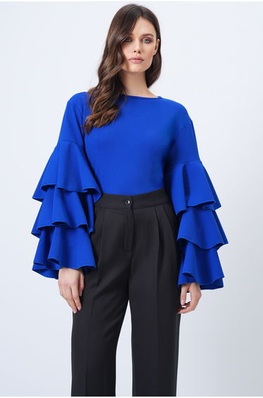 Women's Cobalt Crew Neck Flounce Sleeves Crepe Blouse