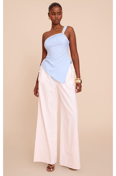 Sky Blue Asymmetric One Shoulder Trim Detail Long Top