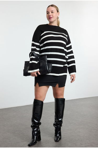 Black Striped Crew Neck Knitwear Sweater