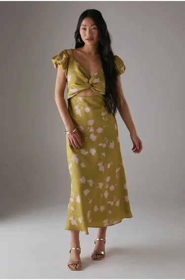 Petite Satin Knot Front Cut Out Midi Dress