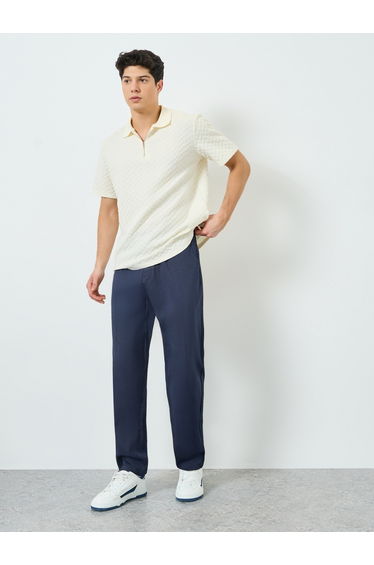 Men Navy Blue Straight Leg Trousers