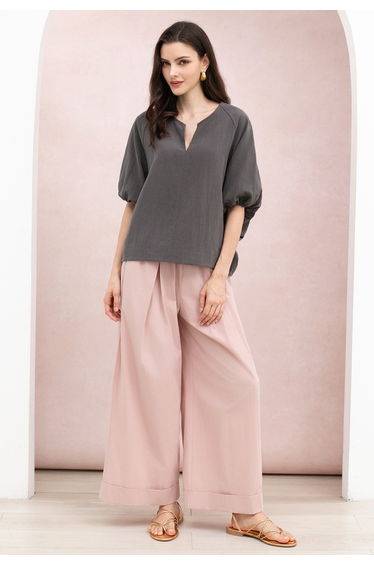 Pleated Cuffed Hem Palazzo Cotton Pants in Pink for Office & Daily Wear