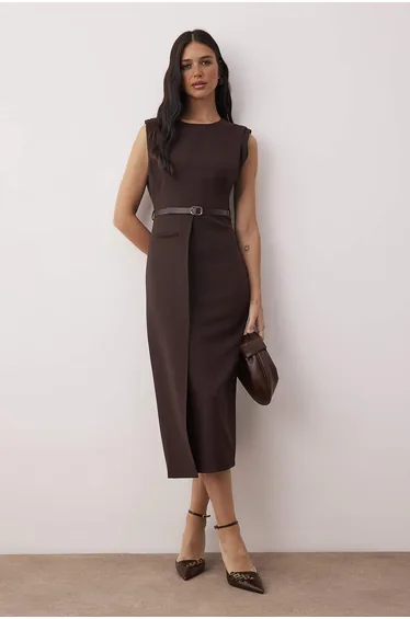 Brown belt detailed woven midi dress