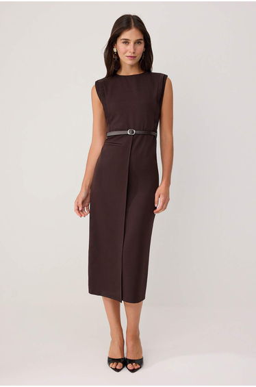 Brown belt detailed woven midi dress
