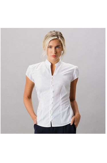 Kustom Kit Ladies Continental Blouse Mandarin Collar Cap Sleeve - White