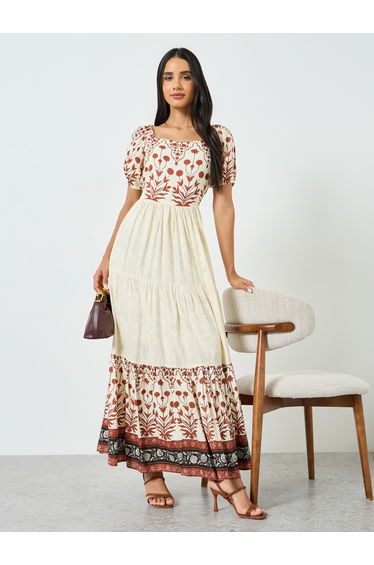 Floral Print Puff Sleeve Tiered Maxi Dress
