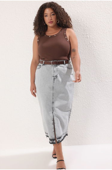 Brown Accessory Detail Ribbed Knitting Big Size Athlete