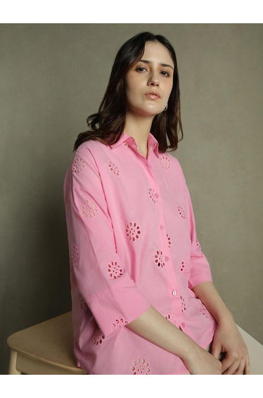 Pink Relaxed Fit Schiffli Casual Shirt