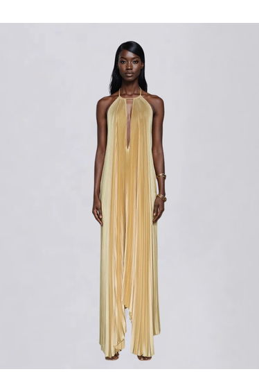 Belvix Backless Pleated Metallic Maxi Dress