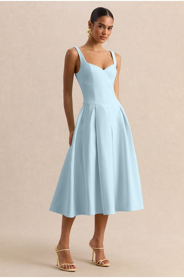 Greta | Powder-Blue Sweetheart-Neck Midi Dress