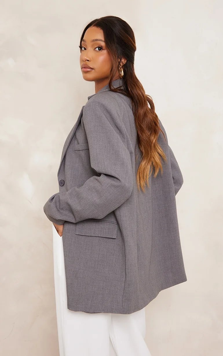 Grey Textured Look Shoulder Padded Oversized Blazer - 1