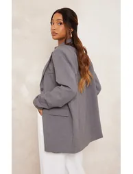 Grey Textured Look Shoulder Padded Oversized Blazer - 1