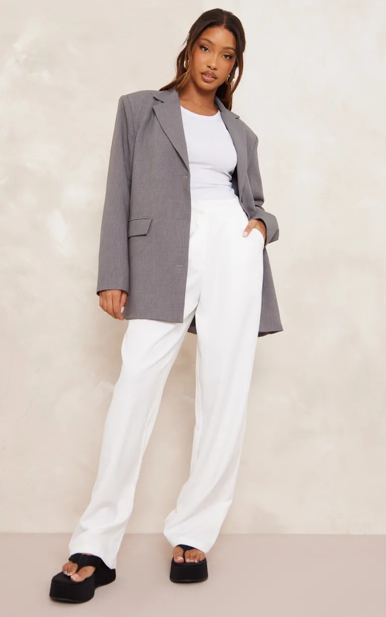 Grey Textured Look Shoulder Padded Oversized Blazer - 2